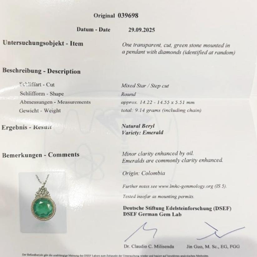 Antique 5.50 Carat Colombian Emerald and Diamond Pendant Necklace