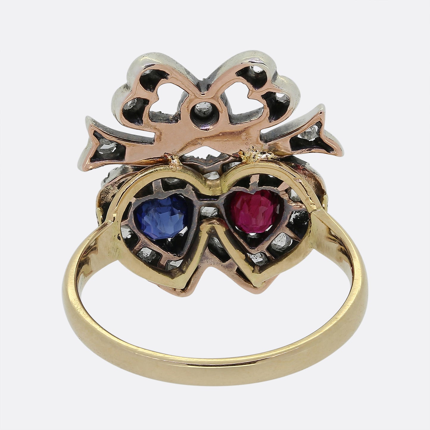 Victorian Double Heart Ruby Sapphire and Diamond Crowned Ring