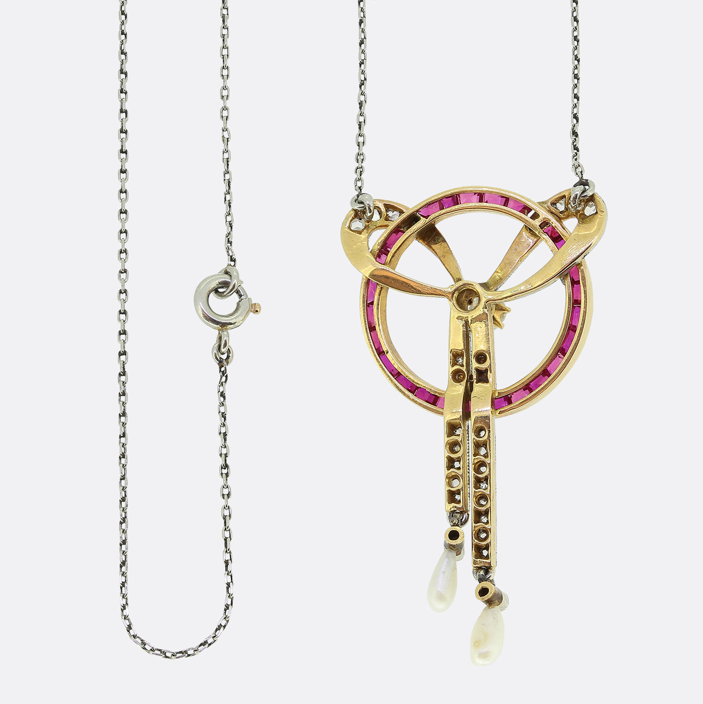 Art Deco Pearl Ruby and Diamond Drop Pendant Necklace