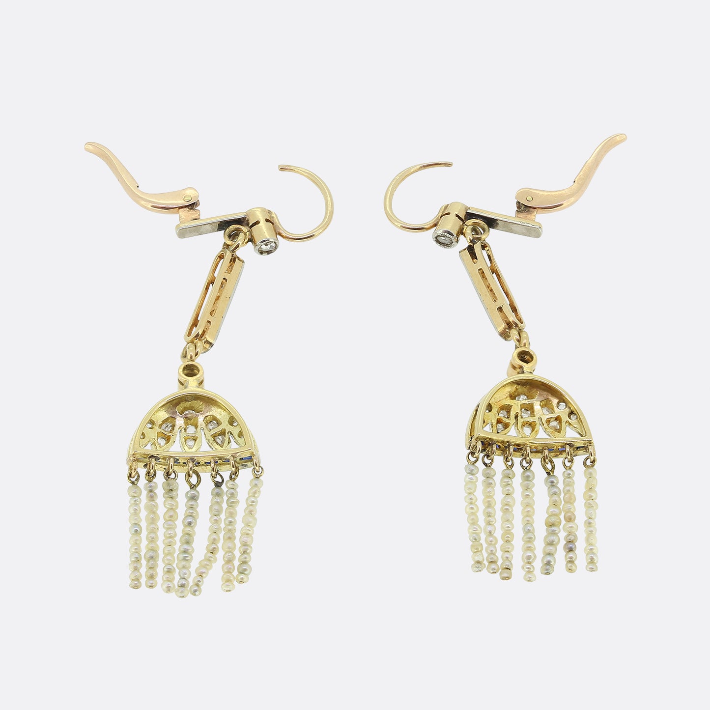 Art Deco Pearl, Diamond and Sapphire Tassel Drop Earrings