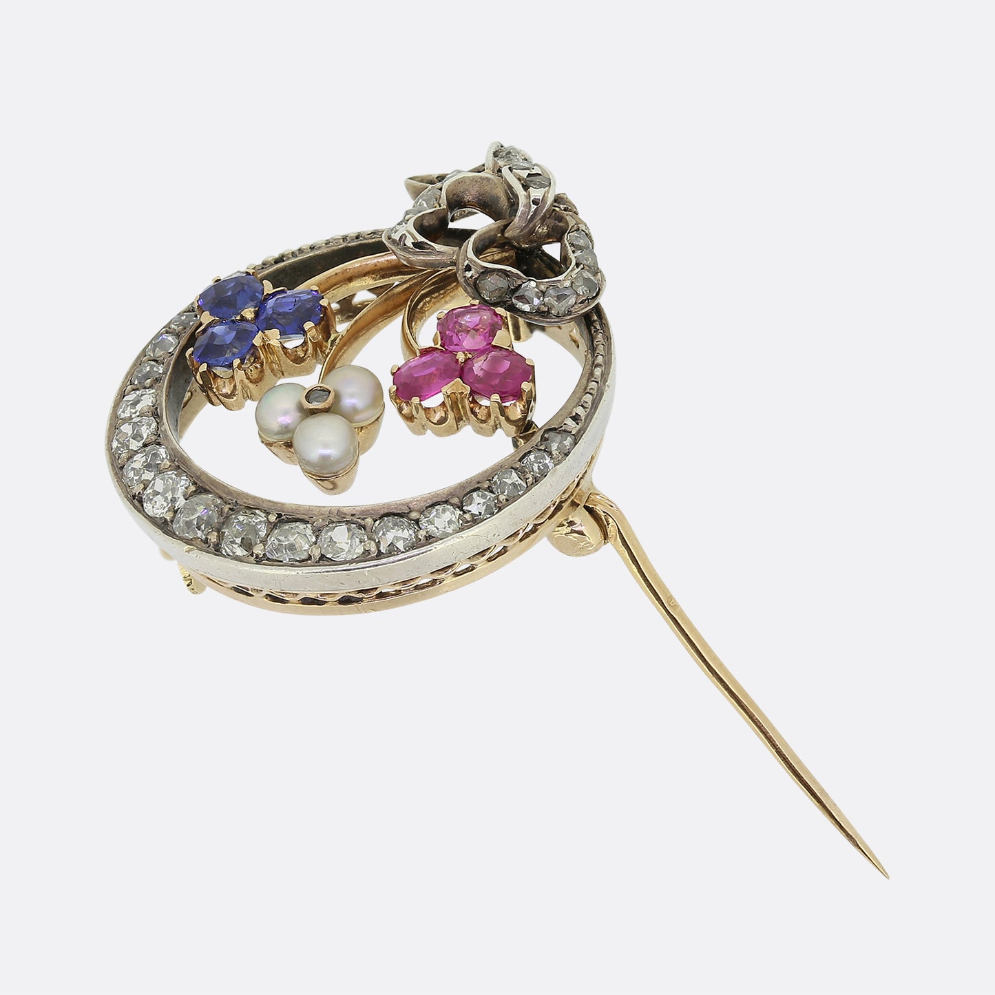 Victorian Diamond Ruby Sapphire and Pearl Crescent Brooch