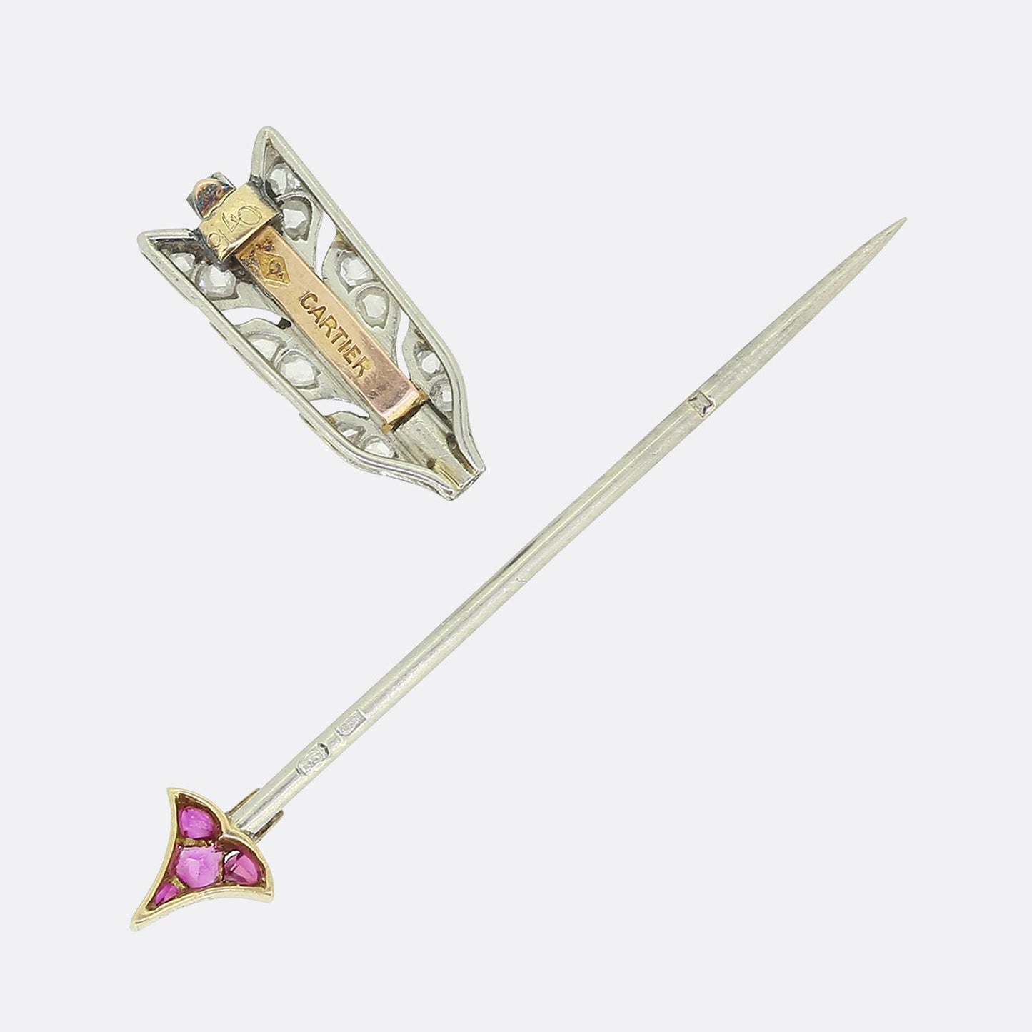 Cartier Art Deco Ruby and Diamond Arrow Jabot Pin