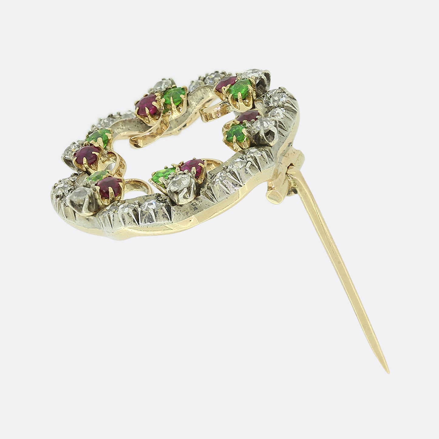 Edwardian Diamond Emerald and Ruby Wreath Brooch
