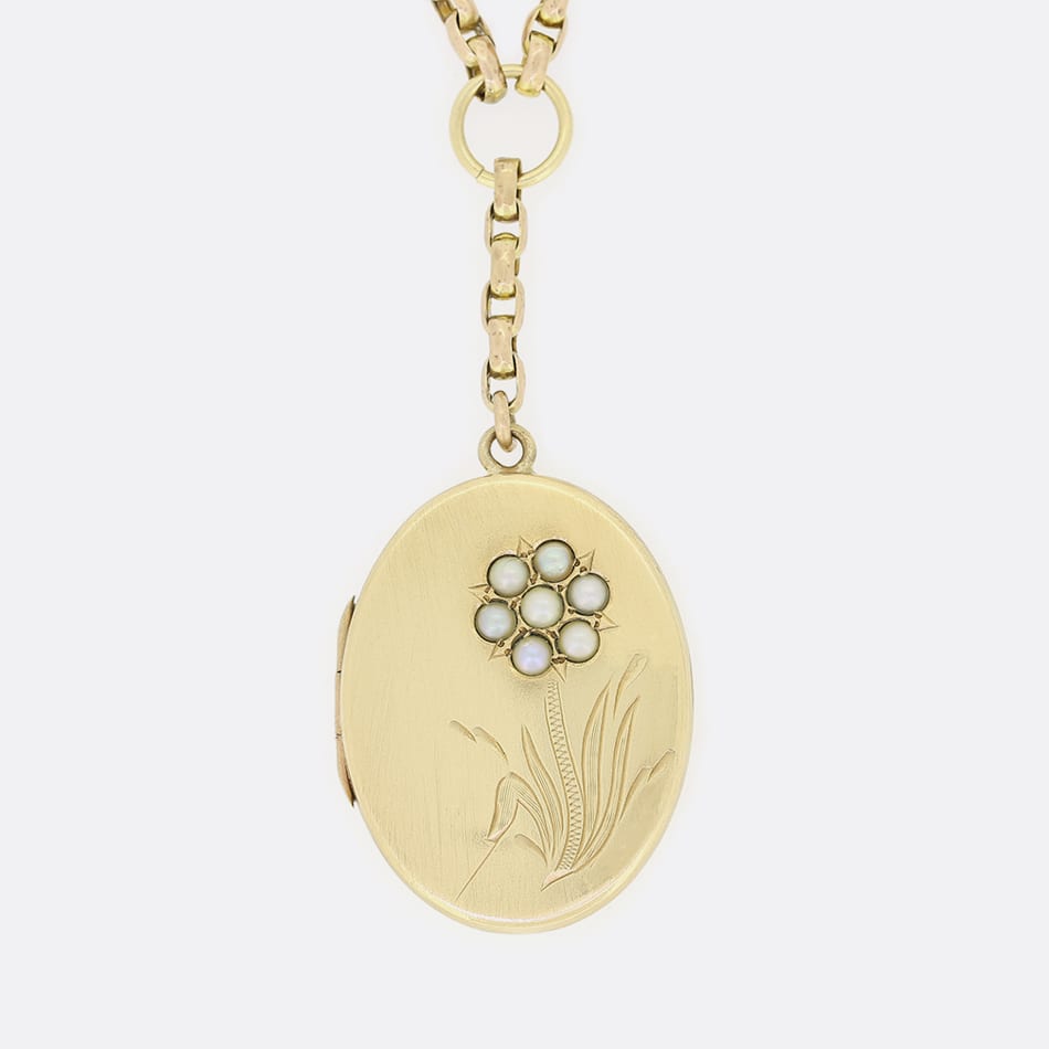 Vintage Floral Seed Pearl Locket Necklace