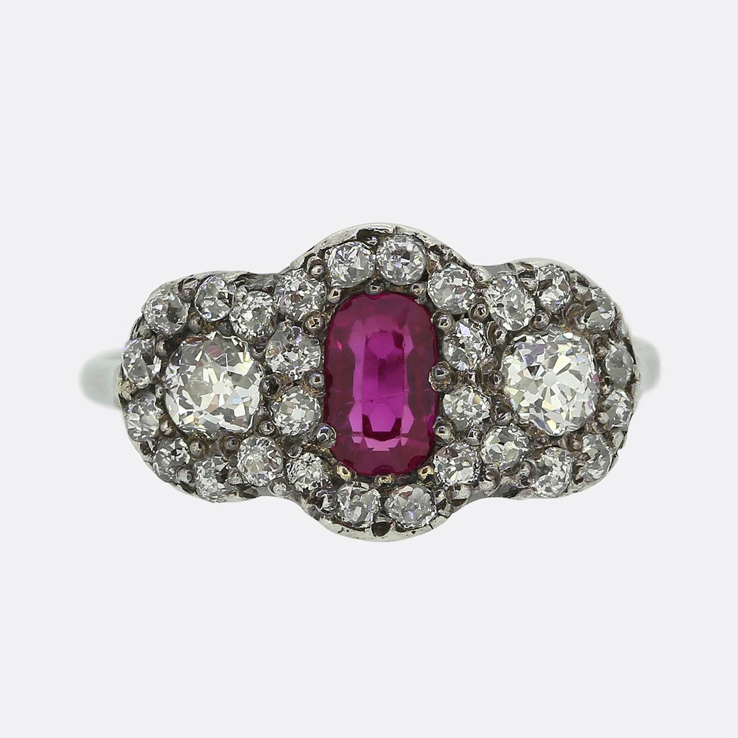 Antique Burmese Ruby and Diamond Triple Cluster Ring