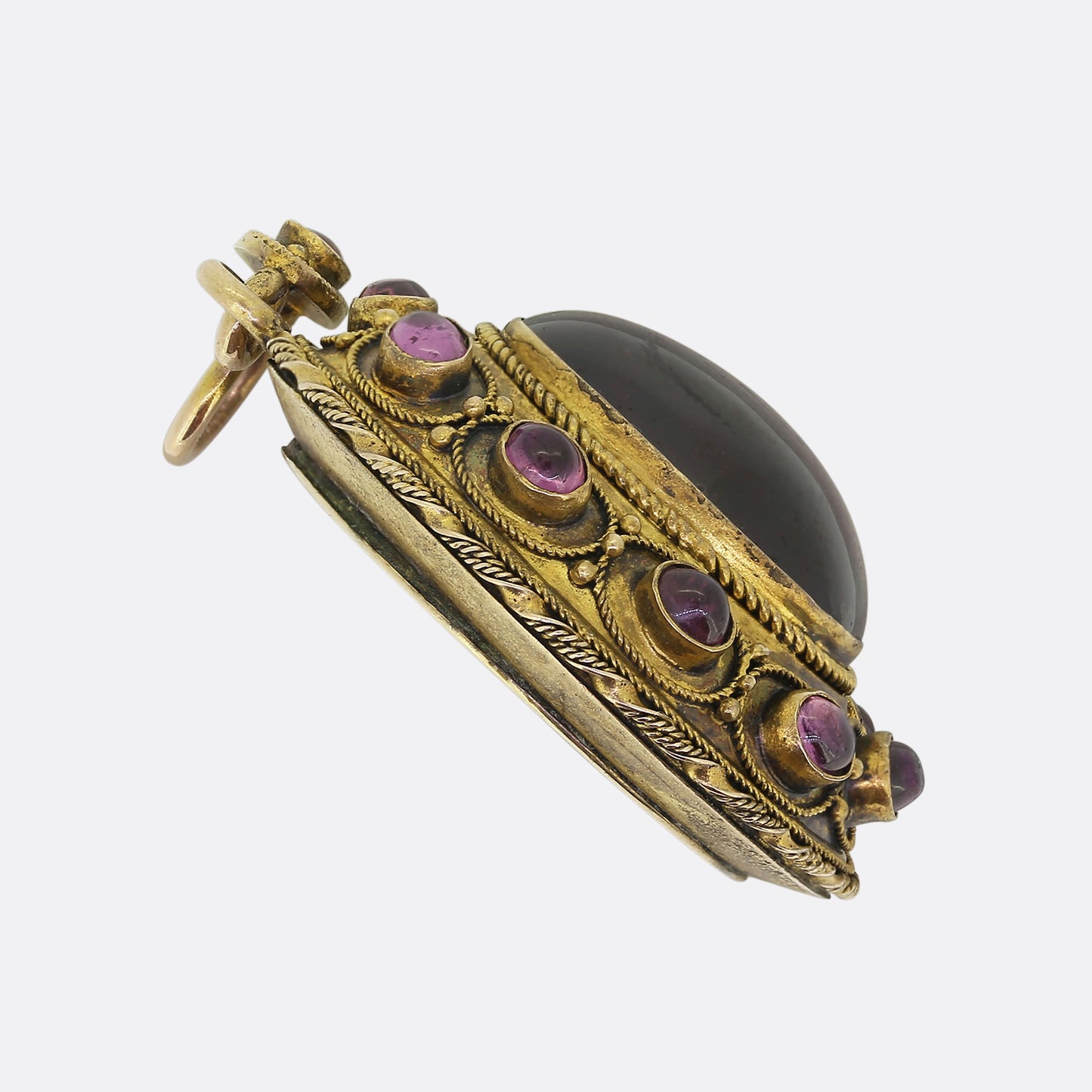 Victorian Etruscan Revival Cabochon Garnet Locket Pendant