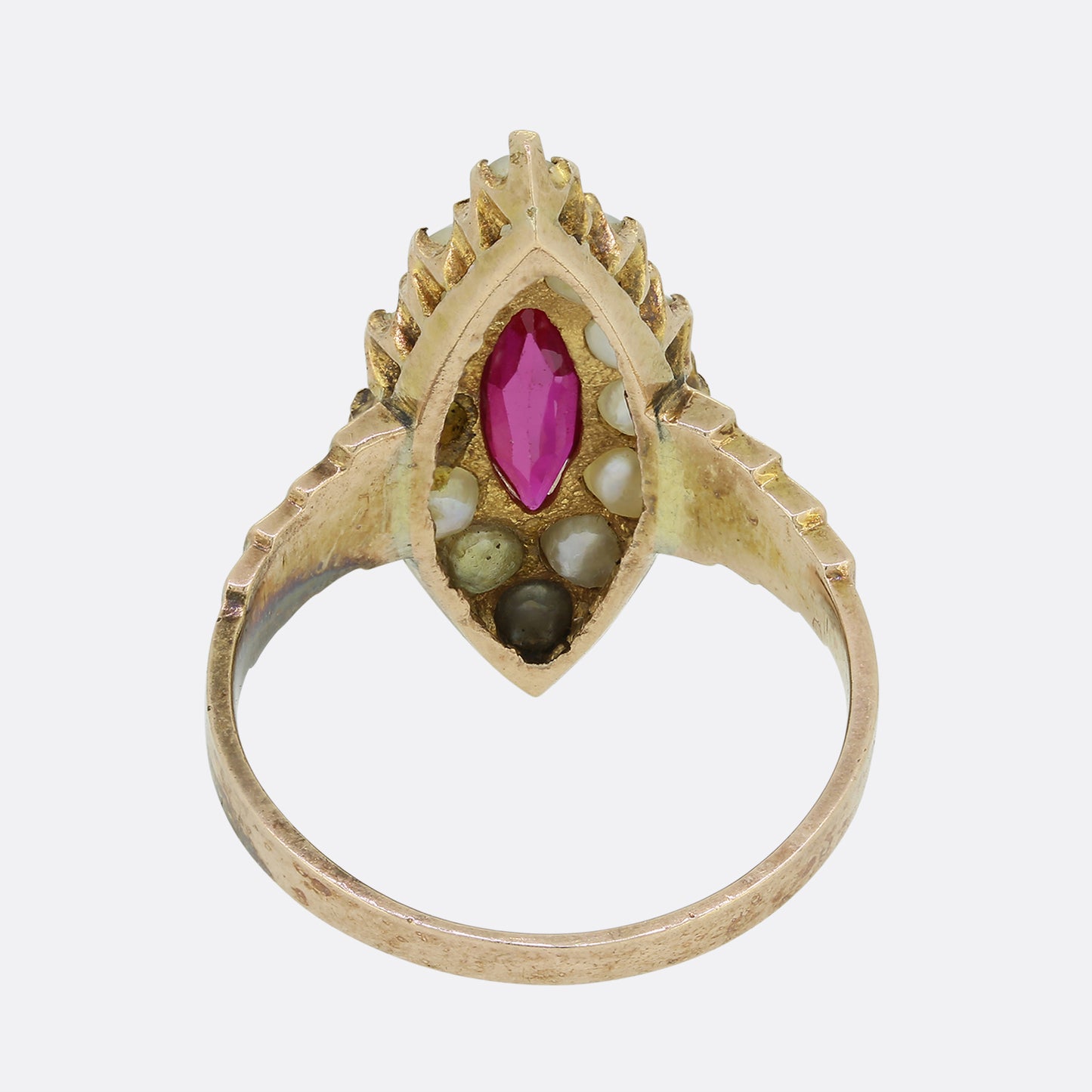 Edwardian Synthetic Ruby and Pearl Navette Ring