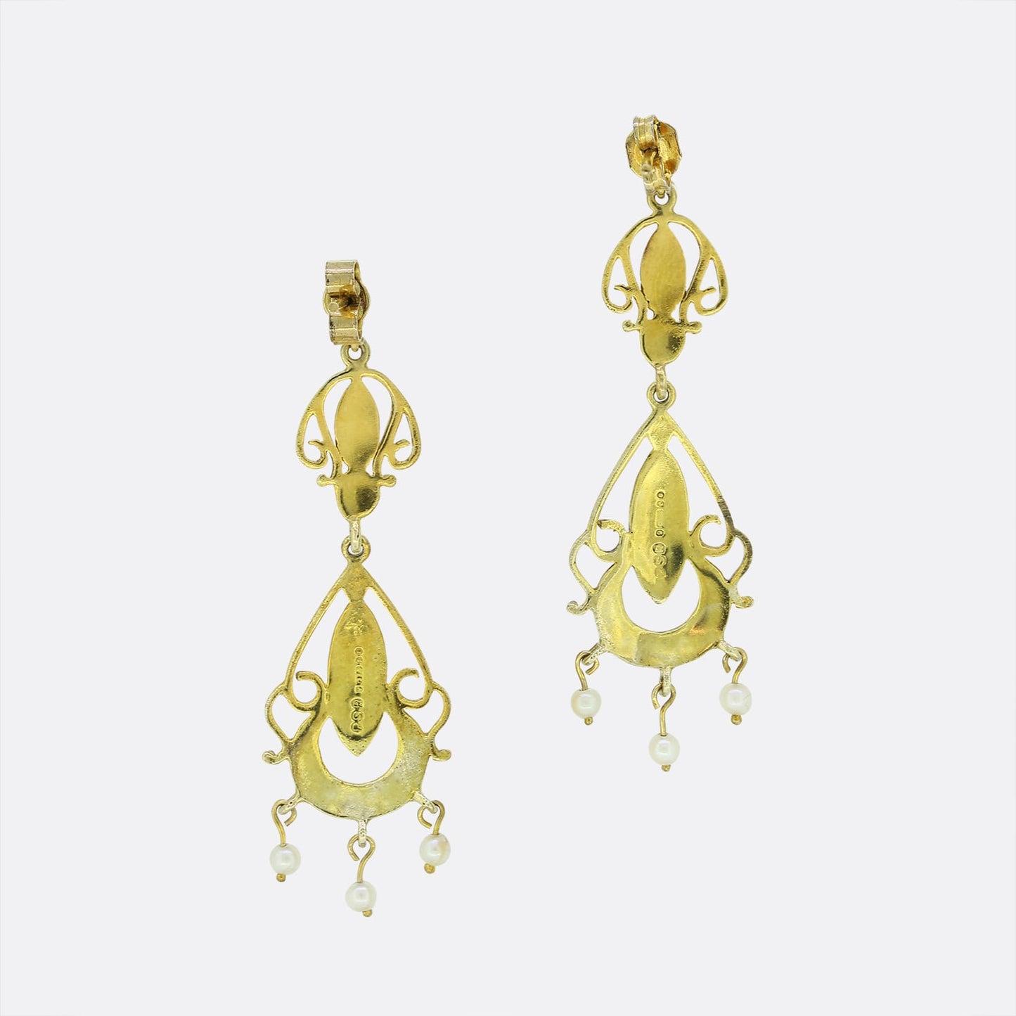 Vintage Ornate Pearl and Enamel Drop Earrings
