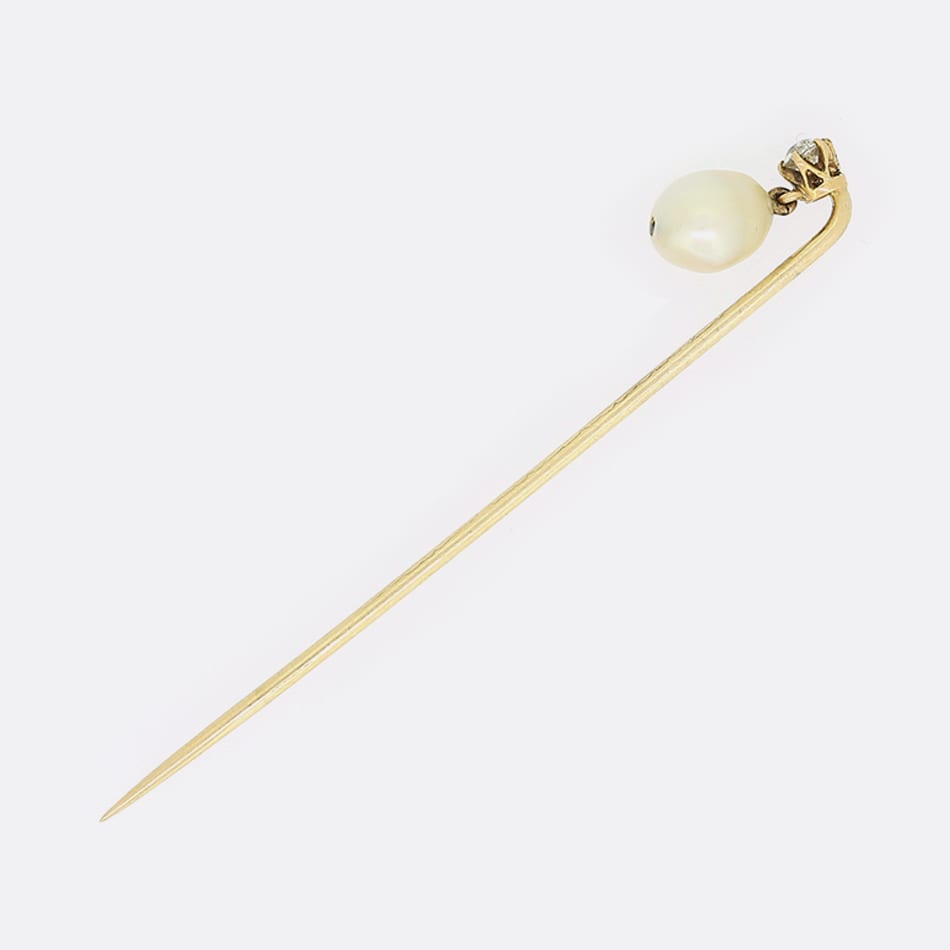 Natural Pearl and Old Cut Diamond Stick Pin