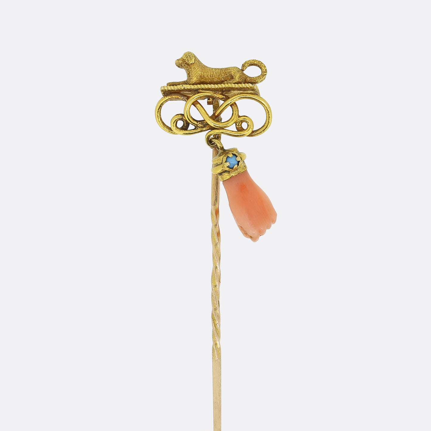 Victorian Carved Coral Hand and Dog Stick Pin
