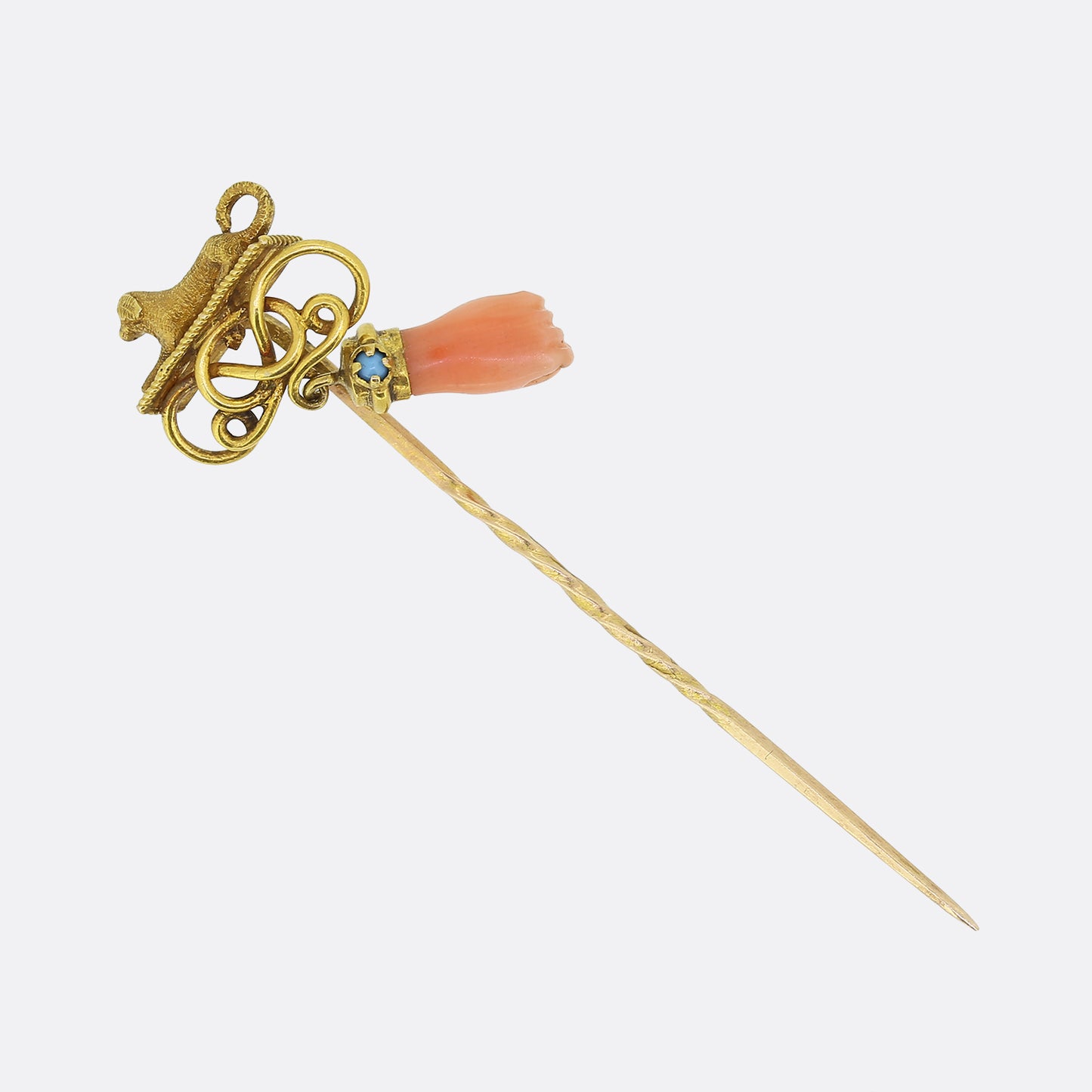 Victorian Carved Coral Hand and Dog Stick Pin