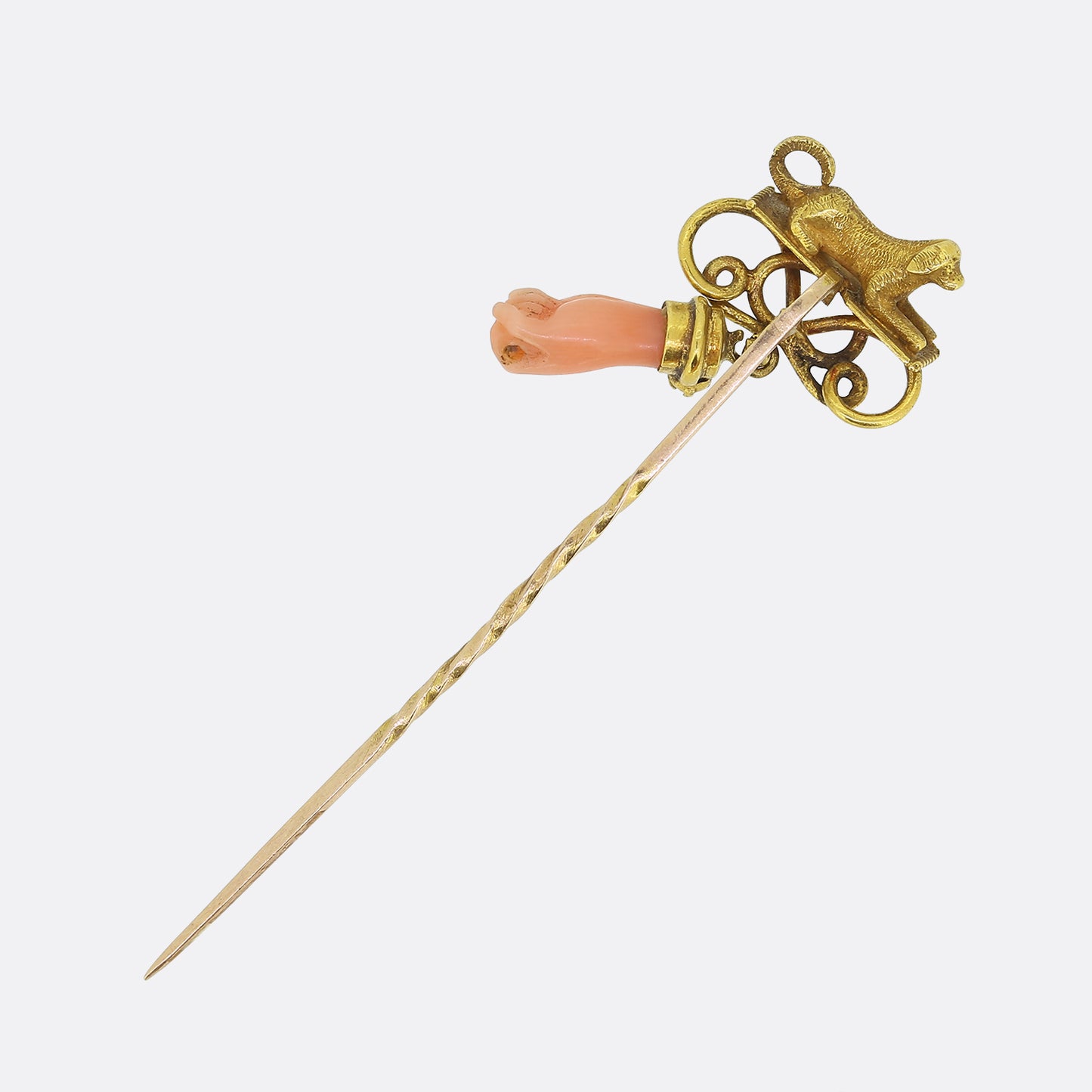 Victorian Carved Coral Hand and Dog Stick Pin