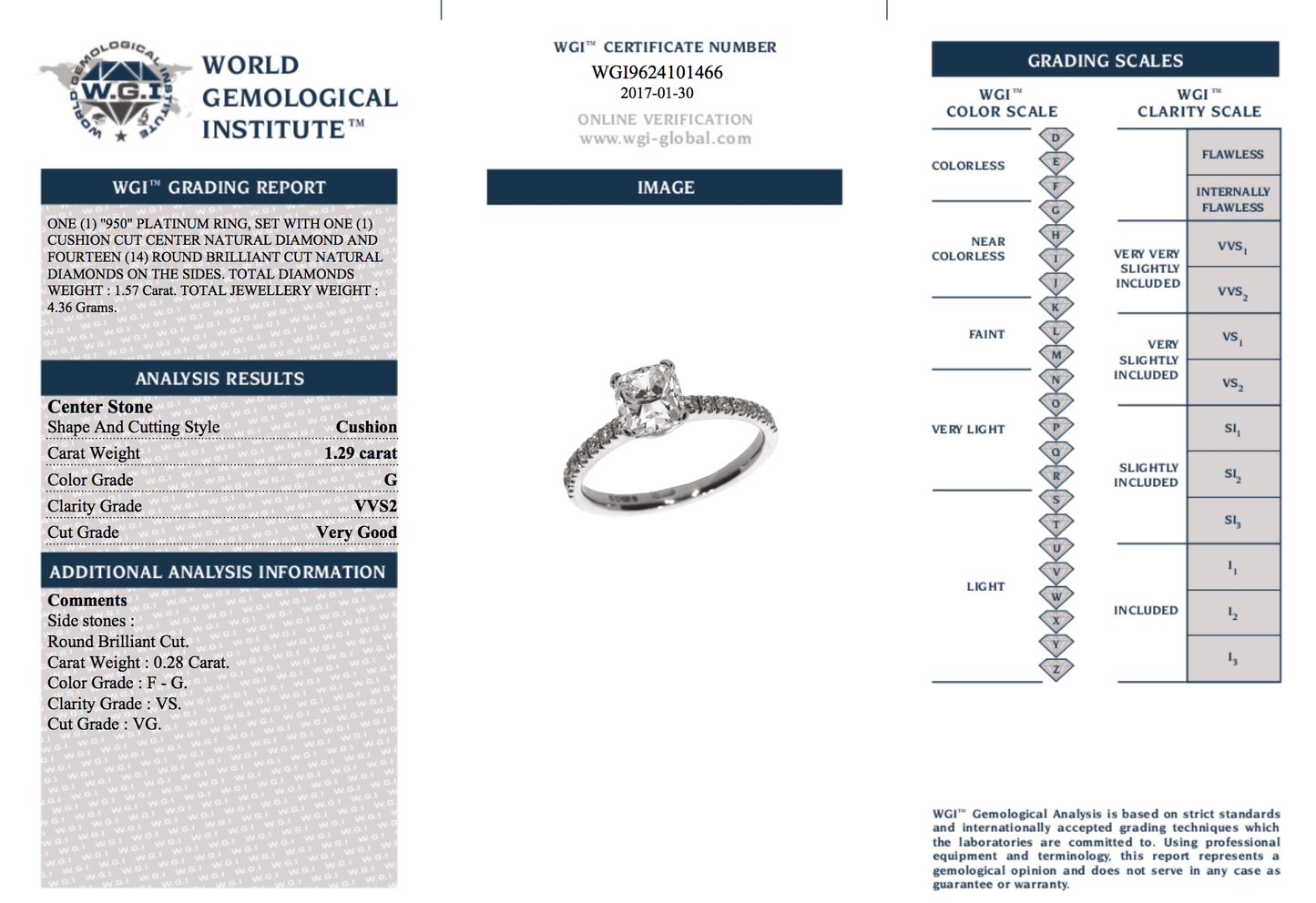 1.29 Carat Diamond Cushion Cut Engagement Ring