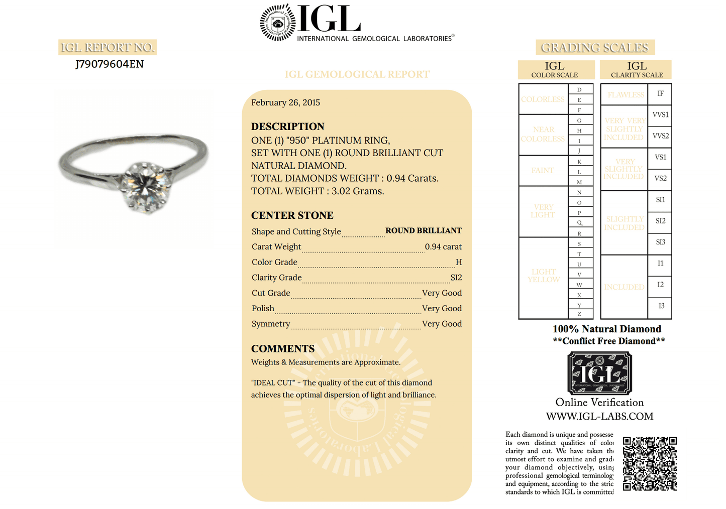 0.94 Carat Diamond Solitaire Engagement Ring