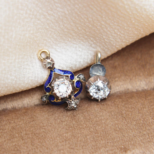 Antique Blue Enamel Old Cut Diamond Pendant