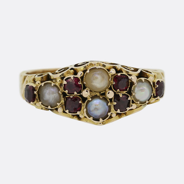 Georgian Ruby and Pearl Cluster Ring