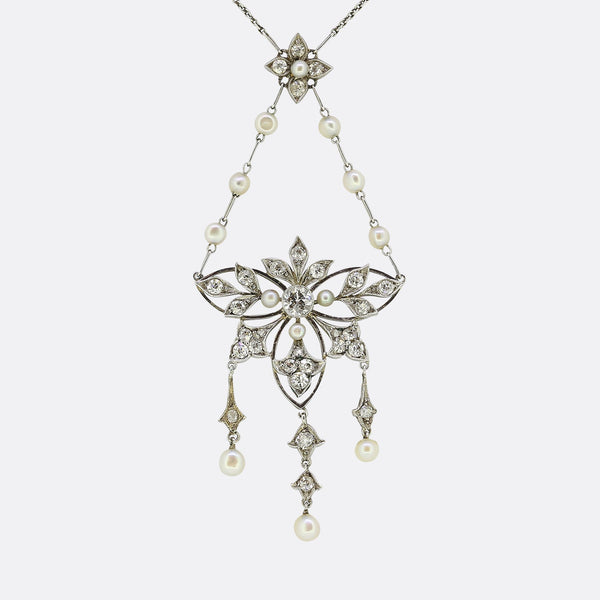 Edwardian Pearl and Diamond Lavalier Necklace