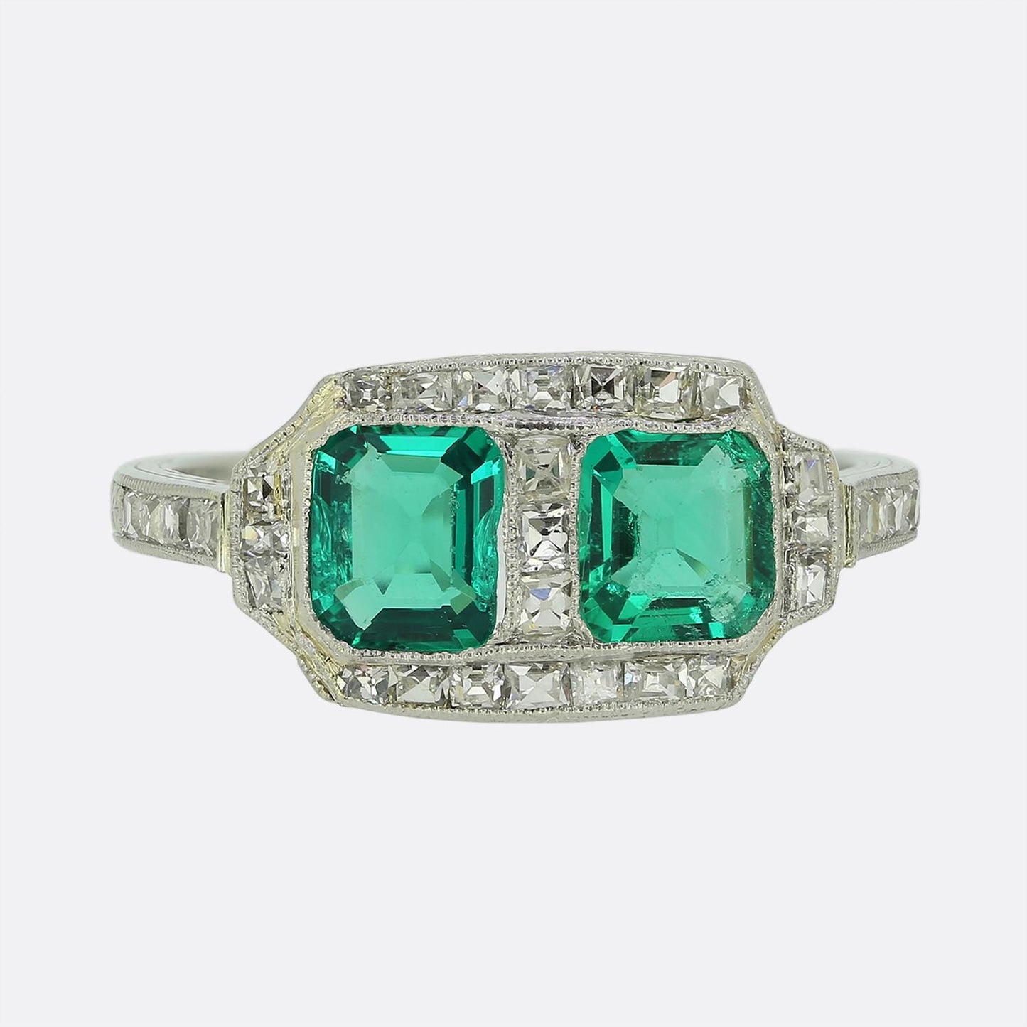 Art Deco Two-Stone Emerald and Diamond Ring