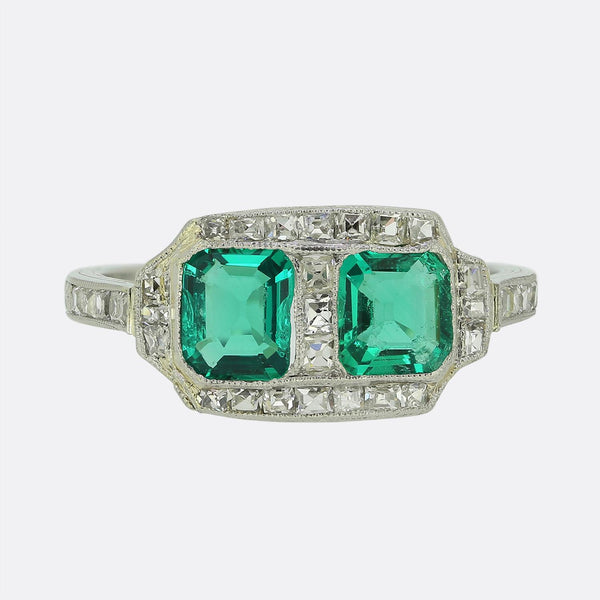 Art Deco Two-Stone Emerald and Diamond Ring