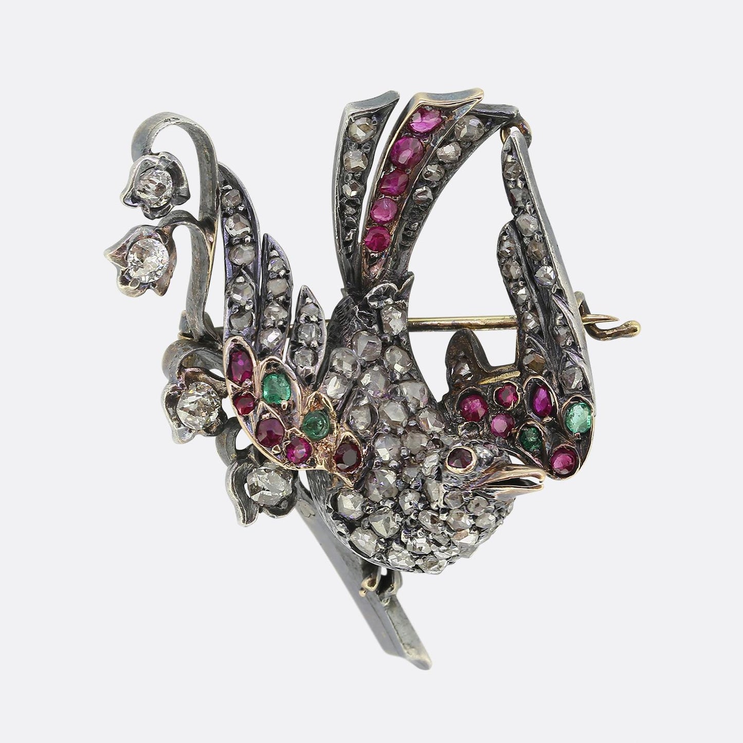 Victorian Ruby Emerald and Diamond Bird Brooch