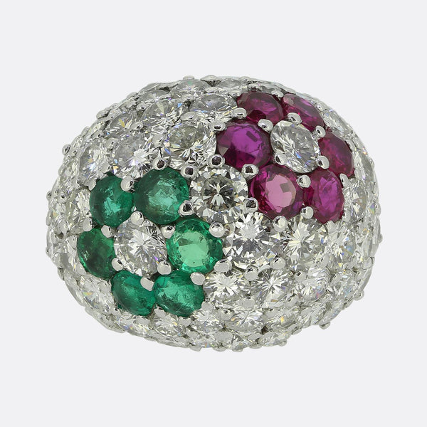 Vintage Ruby Emerald and Diamond Floral Bombe Ring