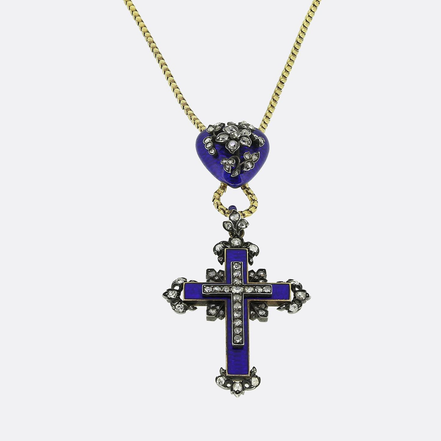 Victorian Enamel and Diamond Cross and Heart Pendant Necklace