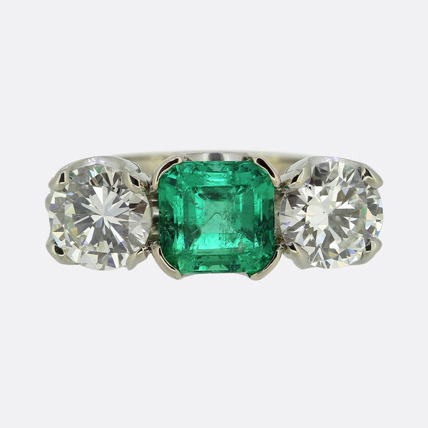 Art Deco Colombian Emerald and Diamond Three-Stone Ring