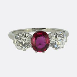Antique 1.10 Carat Ruby and Diamond Three-Stone Ring