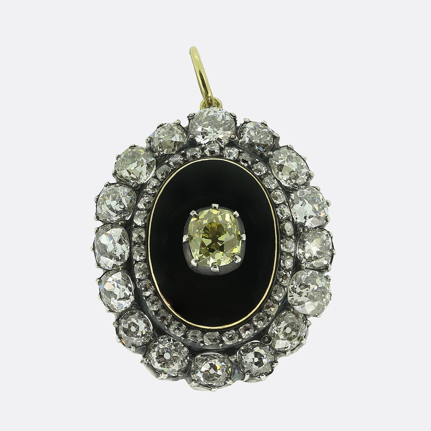 Victorian Fancy Yellow Old Cut Diamond and Enamel Locket Pendant