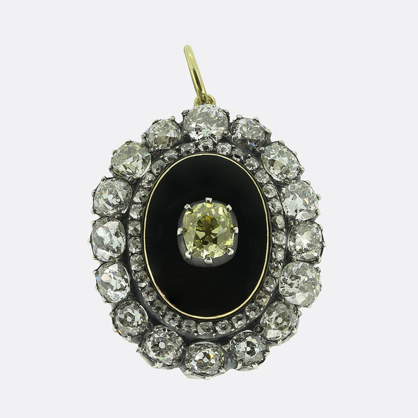 Victorian Fancy Yellow Old Cut Diamond and Enamel Locket Pendant