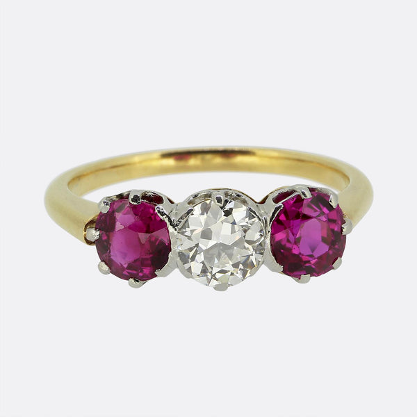 Antique 0.65 Carat Diamond and Ruby Three-Stone Ring