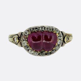 Georgian Double Cabochon Ruby Heart and Diamond Ring