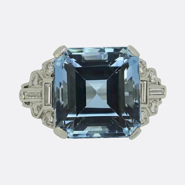 Art Deco 10.00 Carat Aquamarine and Diamond Ring