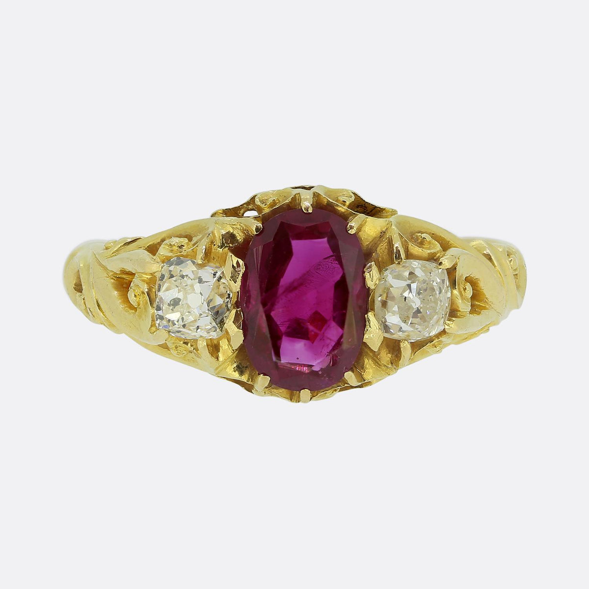 Victorian Burmese Ruby and Diamond Three-Stone Ring