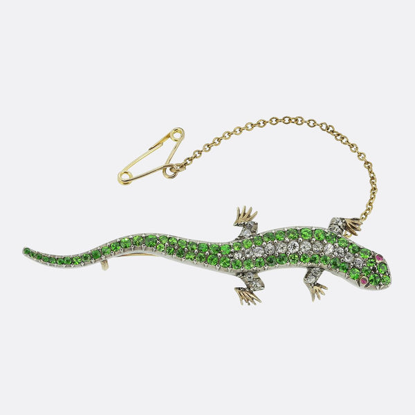 Antique Demantoid Garnet and Diamond Lizard Brooch