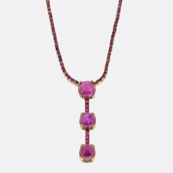 Art Deco Cabochon Burmese Ruby and Pink Sapphire Necklace