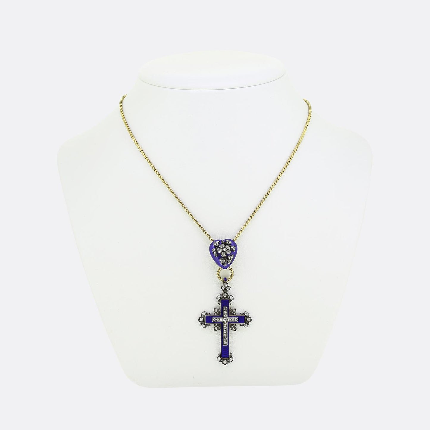 Victorian Enamel and Diamond Cross and Heart Pendant Necklace