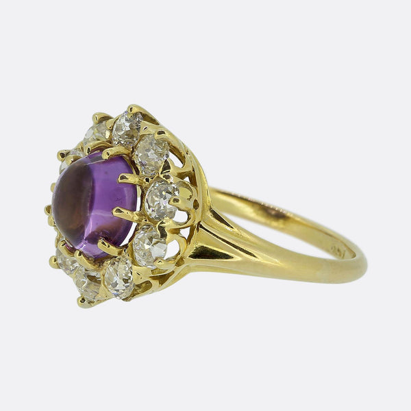 Antique Cabochon Amethyst and Diamond Cluster Ring