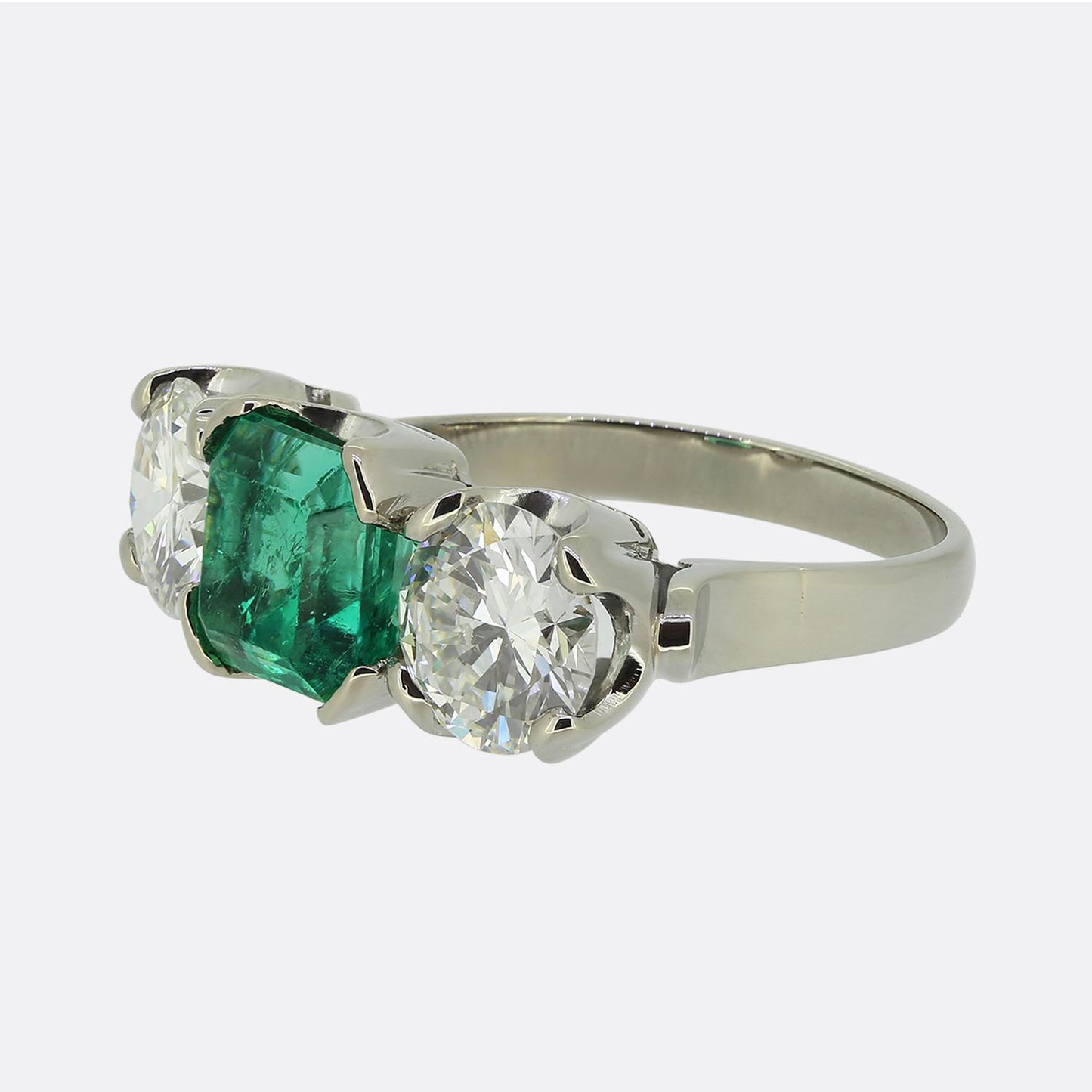 Art Deco Colombian Emerald and Diamond Three-Stone Ring