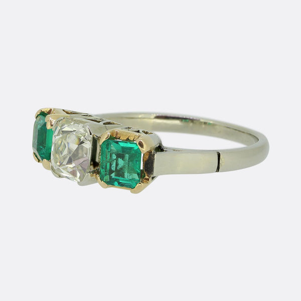 Early 20th Century 1.30 Carat Diamond and Emerald Three-Stone Ring
