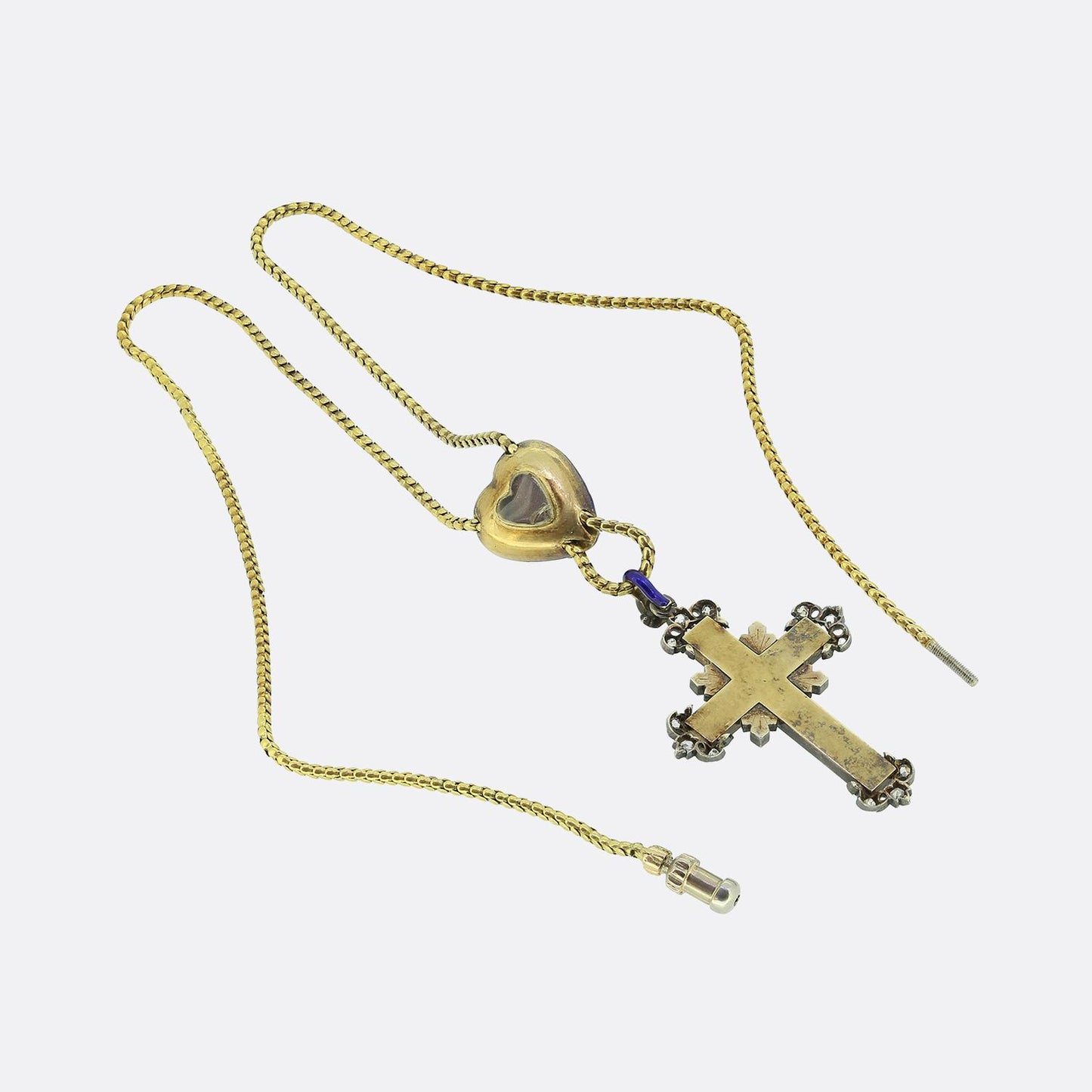 Victorian Enamel and Diamond Cross and Heart Pendant Necklace