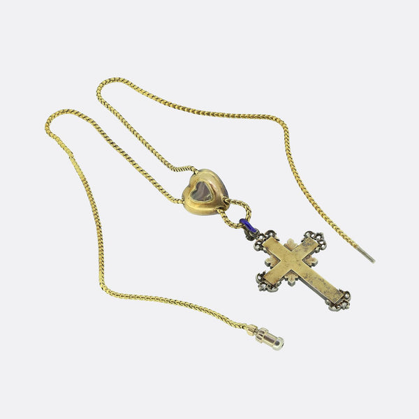 Victorian Enamel and Diamond Cross and Heart Pendant Necklace