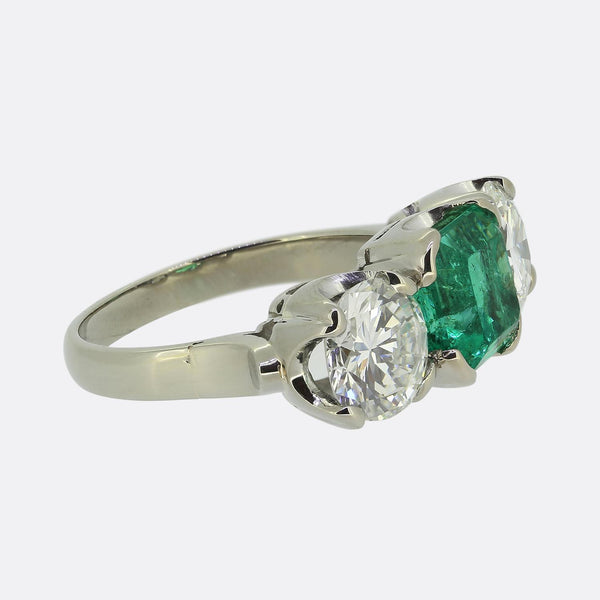 Art Deco Colombian Emerald and Diamond Three-Stone Ring