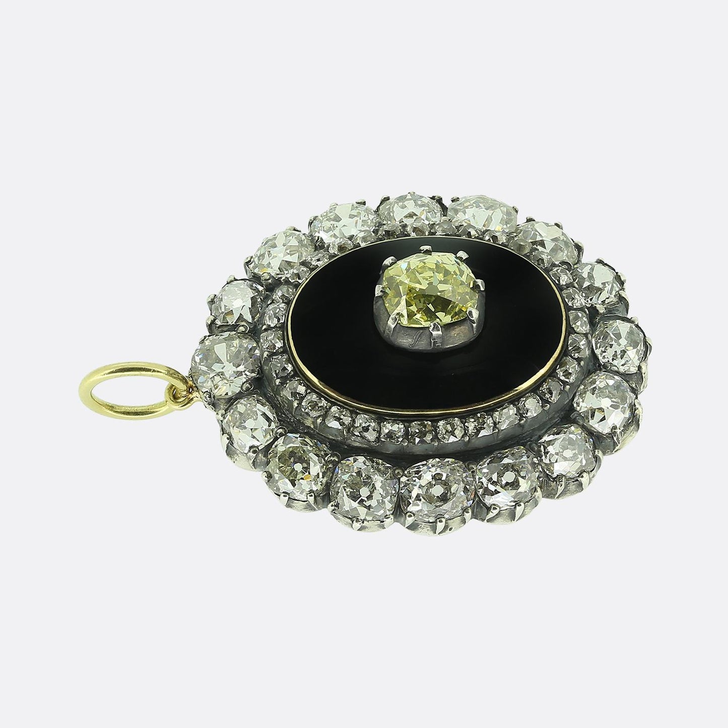 Victorian Fancy Yellow Old Cut Diamond and Enamel Locket Pendant