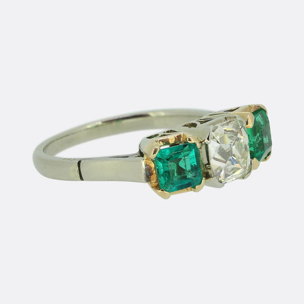 Early 20th Century 1.30 Carat Diamond and Emerald Three-Stone Ring