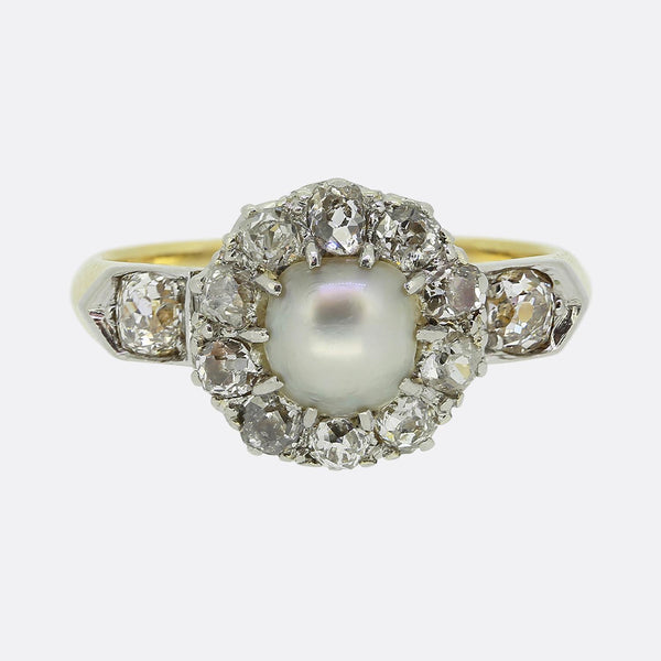 Edwardian Natural Pearl and Diamond Cluster Ring