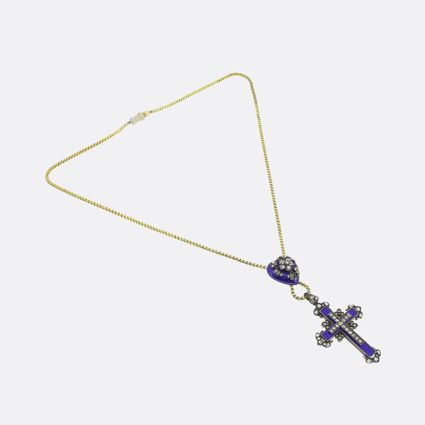 Victorian Enamel and Diamond Cross and Heart Pendant Necklace