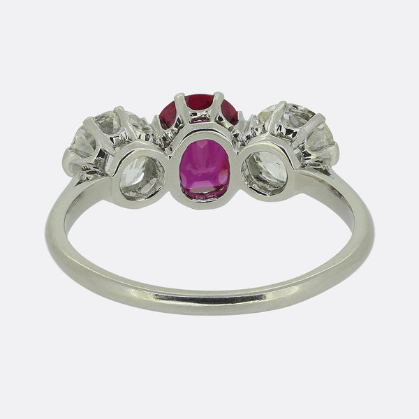 Antique 1.10 Carat Ruby and Diamond Three-Stone Ring