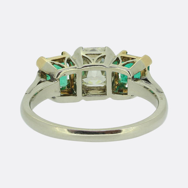Early 20th Century 1.30 Carat Diamond and Emerald Three-Stone Ring