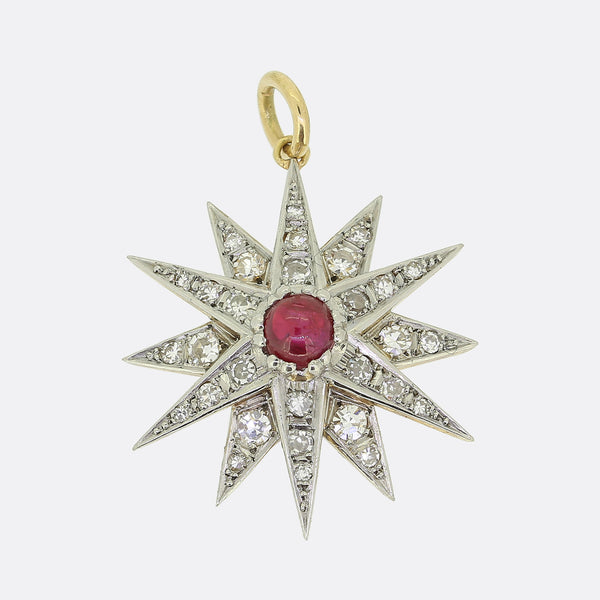 Edwardian Cabochon Ruby and Diamond Star Pendant